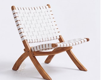 Modern Woven Leather Lounge Chair Solid Walnut Handmade Scandinavian Mid Century Accent Furniture Design