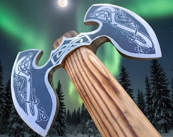 Handmade Two-Headed Viking Axe | Custom Carbon Steel Battle Axe with Leather Sheath
