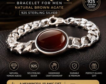 Yemeni Aqeeq Bracelet for Men, Natural Brown Agate, 925 Sterling Silver Islamic Shia Bracelet, Handmade Muslim Jewelry Gift