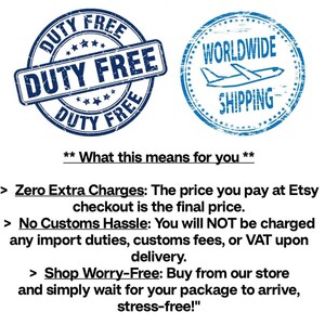 May include: Two blue circular stamps with white text and a white background. One stamp reads "DUTY FREE" and the other reads "WORLDWIDE SHIPPING" with a graphic of an airplane. Text below explains "Zero Extra Charges" and "No Customs Hassle".