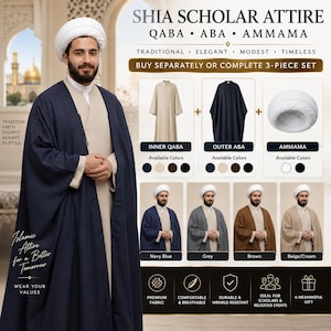 Könnte beinhalten: Ein schiitisches Gelehrten-Outfit bestehend aus einem beigen Qaba, einer marineblauen Aba und einem weißen Ammama. Das Bild zeigt das dreiteilige Set, die einzelnen Komponenten sowie Farbvarianten in Marineblau, Grau, Braun und Beige/Creme.