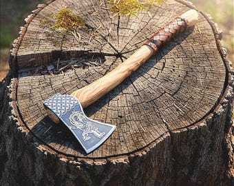 Hacha vikinga forjada a mano, hachuela de acero al carbono personalizada, mango de palisandro