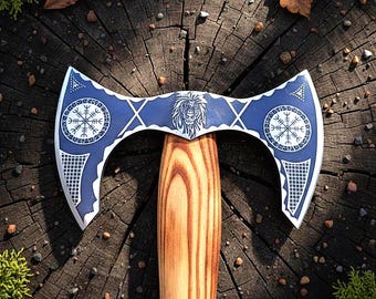 Hacha vikinga de acero al carbono hecha a mano / Mango de fresno y palisandro, funda de cuero