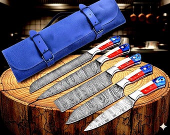 Handgefertigtes Kochmesser-Set aus Damast-Stahl - Wikingermesser mit Lederrolle