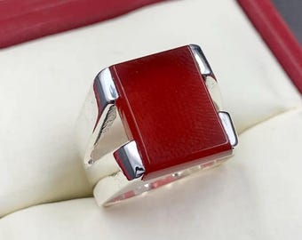 Men’s Yemeni Aqeeq Ring 925 Sterling Silver | Natural Agate Islamic Ring | Handmade Shia Aqeeq Jewelry Gift for Husband Boyfriend Fiance