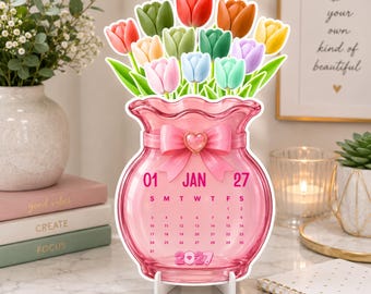 Calendário de Mesa Tulipa 2027 | Calendário de Vaso de Flores para Imprimir | Mini Calendário de Mesa | Modelo de Calendário Floral | Decoração de Mesa de Escritório | Download em PDF