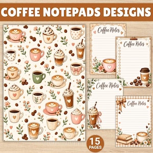 Op de afbeelding: Een verzameling notitieblokken met een koffiethema, voorzien van een herhalend patroon van diverse koffiekopjes, mokken en bonen. De set bevat 15 pagina's met gelinieerd papier, elk versierd met illustraties van koffiedranken, bloemen en de tekst Coffee Notes.