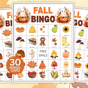 Höstbingo | 30 höstbingokort | Utskrivbart höstbingospel | Bingokort med hösttema | Höstaktivitet för barn och vuxna | Höstfestspel