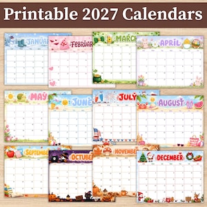 May include: A collection of twelve monthly calendar pages for the year 2027, each featuring seasonal illustrations. The designs include winter, spring, summer, and autumn themes with colorful graphics for every month from January to December.