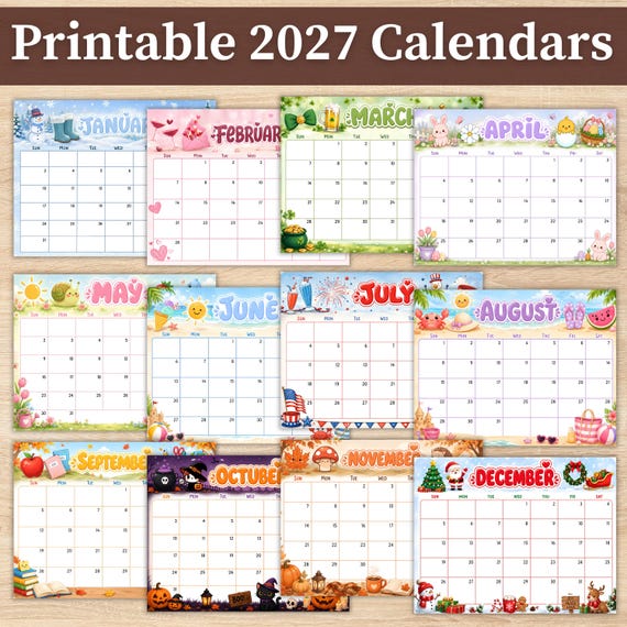 2027 Printable Calendar | Cute Monthly Calendar 2027 | Colorful Calendar | 12 Month Calendar | Home School Classroom PDF | Editable Calendar