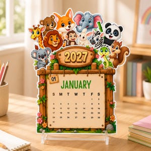 May include: A 2027 desk calendar featuring a wooden frame design with a January page. The top is decorated with cartoon animals including a giraffe, bear, fox, elephant, monkey, rabbit, zebra, panda, lion, koala, and squirrel among green leaves.