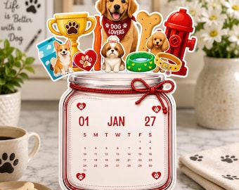 Calendário de mesa Dog Jar 2027 | Calendário de filhotes para imprimir | Calendário de mesa para amantes de cães | Mini calendário de mesa | Presente para amantes de animais de estimação | Download em PDF