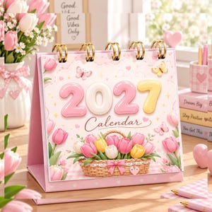 May include: A pink desktop calendar for the year 2027 featuring a basket of pink, yellow, and white tulips. The cover displays the text 2027 Calendar, decorated with butterflies, small hearts, and a pink bow on the basket, held by gold rings.