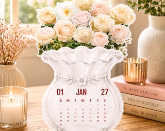 Calendário de mesa com vaso de rosas 2027 | Calendário de mesa floral para imprimir | Mini calendário de flores | Decoração elegante para mesa de escritório | Download em PDF