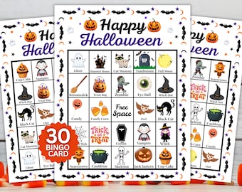 Bingo de Halloween | 30 cartelas de bingo de Halloween para imprimir | Jogo para festa de Halloween infantil | Atividade de Halloween para sala de aula | Jogo de Halloween divertido