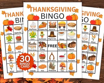 Bingo de Ação de Graças | 30 cartelas de bingo de Ação de Graças para imprimir | Jogo infantil para festa de Ação de Graças | Atividade de bingo de outono para sala de aula
