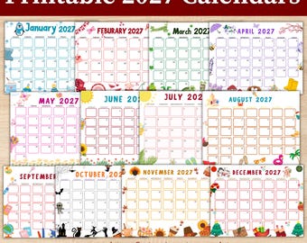 Calendário Mensal Imprimível | Calendário Infantil Editável 2027 | Calendário para Educação Domiciliar | Calendário Escolar Fofo | PDF Editável | Download Digital