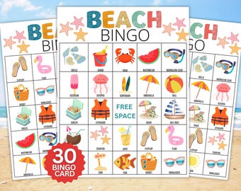 Bingo de Praia para Imprimir | 30 Cartelas de Bingo de Verão | Jogo para Festa na Praia | Atividade Infantil na Praia | Jogo para Férias em Família | Download Digital