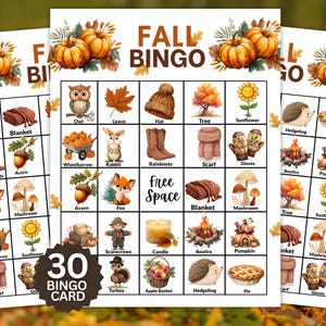 Höstbingokort | 30 utskrivbara höstbingokort | Höstbingo med bild | Höstaktivitet för barn | Klassrumslek | Thanksgivingbingo