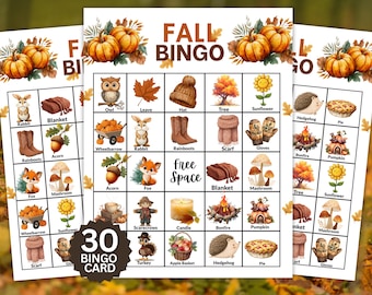 Cartelas de Bingo de Outono | 30 Cartelas de Bingo de Outono para Imprimir | Bingo de Imagens de Outono | Atividade Infantil de Outono | Jogo para Festa na Sala de Aula | Bingo de Ação de Graças