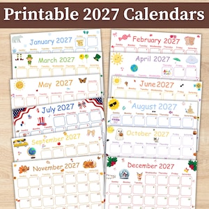 May include: A collection of twelve printable 2027 calendar pages, each featuring monthly headers and seasonal illustrations. The pages display grid layouts for days of the week, with colorful graphics representing holidays and themes for every month of the year.