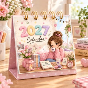 Puede incluir: Un calendario de escritorio 2027 con diseño de espiral y una ilustración en tonos pastel de una persona bebiendo de una taza. La escena incluye un jarrón con flores rosas, un farol pequeño, un cuaderno con texto, macarons y un despertador.