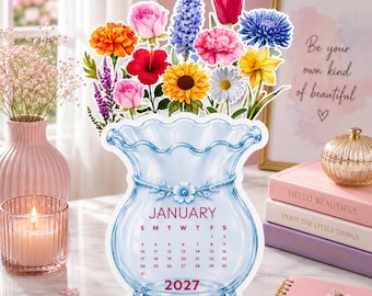 Calendário de Mesa com Vaso de Flores 2027 | Calendário de Mesa Floral para Imprimir | Mini Calendário de Mesa | Calendário Botânico | Decoração para Mesa de Escritório | Download em PDF
