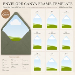 May include: An envelope Canva frame template featuring an olive green envelope and sixteen different sizes including A1, A2, A6, 1LB, C5, C6, DL, 5x5, and 6x9 inches. The sheet size is 21cm x 29.5cm (A4) with a landscape graphic inside the envelope.