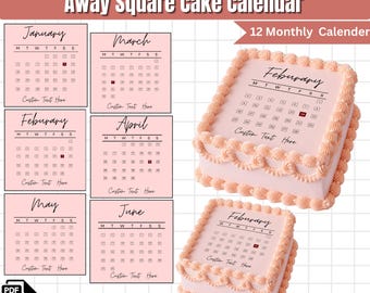 Topo de Bolo Quadrado Personalizado com Calendário 2026 | Modelo de Topo de Bolo Queima | Topo de Bolo de Aniversário para Imprimir | Editável no Canva | Download Digital