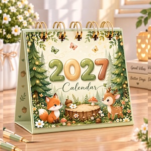May include: A 2027 desk calendar with a spiral binding, featuring a forest illustration with a fox, a deer, pine trees, butterflies, and a tree stump. The calendar has a light green border with small acorn and leaf icons printed on the side.