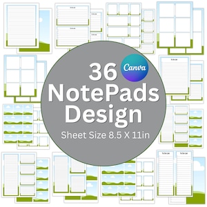May include: A collection of 36 notepad designs featuring a landscape theme with green hills and blue skies. The sheets measure 8.5 by 11 inches and include various layouts such as lined paper, to-do lists, and blank boxes for notes.