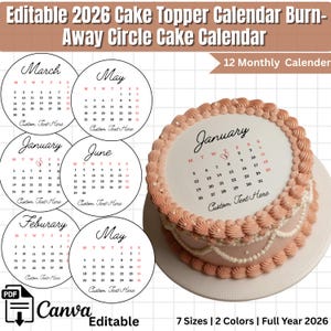 Modèle de calendrier de fin d'année 2026 | Décoration de gâteau ronde personnalisée, fichier modifiable Canva