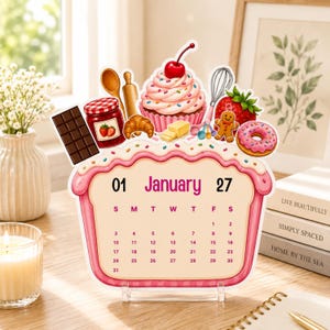 Peut inclure: Un calendrier de bureau découpé en forme de cupcake avec une bordure de glaçage rose. La page du calendrier affiche janvier avec les chiffres 01 et 27. Des illustrations de tablette de chocolat, pot de confiture, rouleau à pâtisserie, cupcake, fouet, beurre, bonhomme en pain d'épices et beignet apparaissent au-dessus.