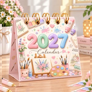 Puede incluir: Un calendario de escritorio 2027 con encuadernación en espiral, que presenta ilustraciones en tonos pastel de artículos de arte, incluyendo pinceles, una paleta, un caballete con una pintura floral y tubos de pintura. El texto 2027 Calendar está impreso en el centro.
