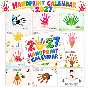 Peut inclure: Un calendrier 2027 avec des empreintes de mains, comprenant douze pages mensuelles illustrées par des empreintes colorées. La couverture affiche le texte 2027 HANDPRINT CALENDAR en lettres grasses et multicolores, avec un design saisonnier unique.