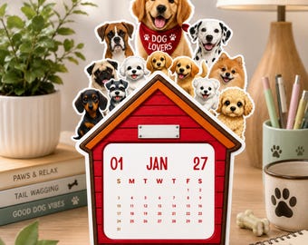 Calendário de mesa para cães 2027 | Calendário de casinha de cachorro para imprimir | Calendário de mesa para filhotes | Presente para amantes de animais de estimação | Mini calendário de mesa | Download em PDF