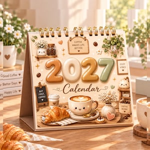 Puede incluir: Un calendario de escritorio 2027 con una ilustración temática de café, un cruasán, una taza sonriente y los textos COFFEE MAKES LIFE BETTER, BUT FIRST, COFFEE y COZY VIBES. El diseño incluye tonos tierra suaves, una espiral dorada y pequeños iconos decorativos como corazones y granos de café.