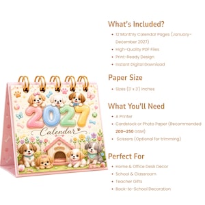 May include: A 2027 desk calendar featuring illustrations of puppies in a garden setting with a doghouse. The calendar has a spiral binding and includes text stating 2027 Calendar. The image also displays text listing included items, paper size of 3 by 3 inches, and printing requirements.