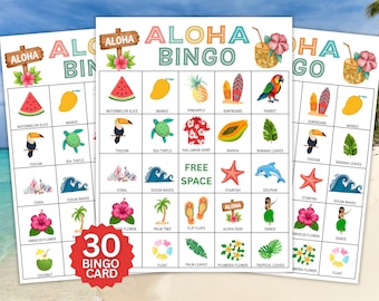 Jogo de Bingo Aloha, Cartelas de Bingo Luau para Imprimir, Bingo para Festa Havaiana, Jogo para Festa de Aniversário de Verão, Atividade com Tema Havaiano, Download Instantâneo