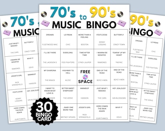 Bingo Musical dos Anos 70, 80 e 90 | Jogo de Bingo Musical para Imprimir | Atividade com Cartelas de Bingo por Décadas | 100 Cartelas de Bingo | Jogo para Festa de Reunião de Família