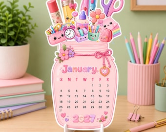 Calendário de mesa para professores 2027 | Calendário em pote para imprimir | Calendário escolar rosa fofo | Mini calendário de mesa | Decoração para sala de aula | Download em PDF