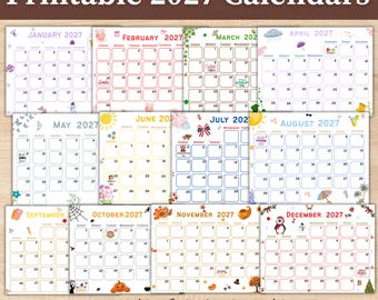 Calendário Mensal Imprimível | Calendário Infantil Editável 2027 | Calendário para Educação Domiciliar | Calendário Escolar Fofo | PDF Editável | Download Digital