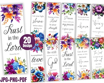 Pacote com 20 Marcadores de Páginas com Versículos Bíblicos | Marcadores Cristãos para Imprimir | Marcadores com Escrituras Florais | Citações Inspiradoras da Bíblia em PNG para Imprimir