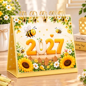 May include: A desktop calendar for the year 2027 featuring a yellow and white theme with illustrations of bees, sunflowers, and daisies. The calendar is held together by gold-colored metal rings and displays the year 2027 in large, bold numbers.