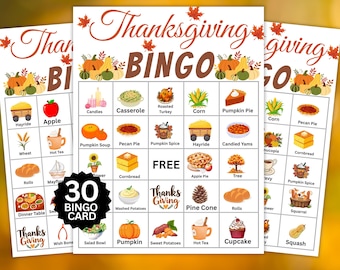 Bingo de Ação de Graças | 30 cartelas de bingo de Ação de Graças para imprimir | Jogo infantil para festa de Ação de Graças | Atividade de bingo de outono para sala de aula