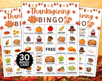 Bingo de Ação de Graças | 30 cartelas de bingo de Ação de Graças para imprimir | Jogo infantil para festa de Ação de Graças | Atividade de bingo de outono para sala de aula
