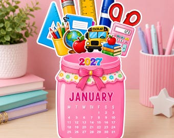 Calendário de mesa para professores 2027 | Calendário em pote para imprimir | Mini calendário de mesa | Calendário de sala de aula | Presente para professores | Calendário anual em PDF