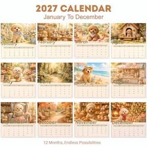 May include: A 2027 wall calendar titled 2027 CALENDAR January To December, featuring twelve monthly pages with illustrations of puppies in various seasonal settings, including a garden, beach, bakery, and cozy indoor scenes with holiday decor.
