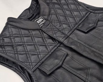 Handmade Black Leather Biker Vest: Diamond Quilted Motorcycle Riding Gear