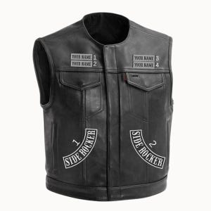 May include: Black leather vest with two front pockets and a collared neckline. The vest has four patches that read "YOUR NAME" and two patches that read "SIDE ROCKER".